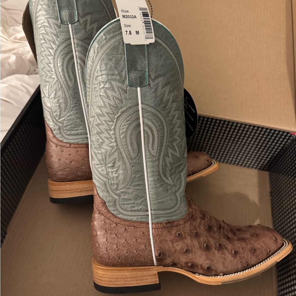 Macie Bean Ostrich Leather Boots in Brown and Teal new nwt - Picture 2 of 5